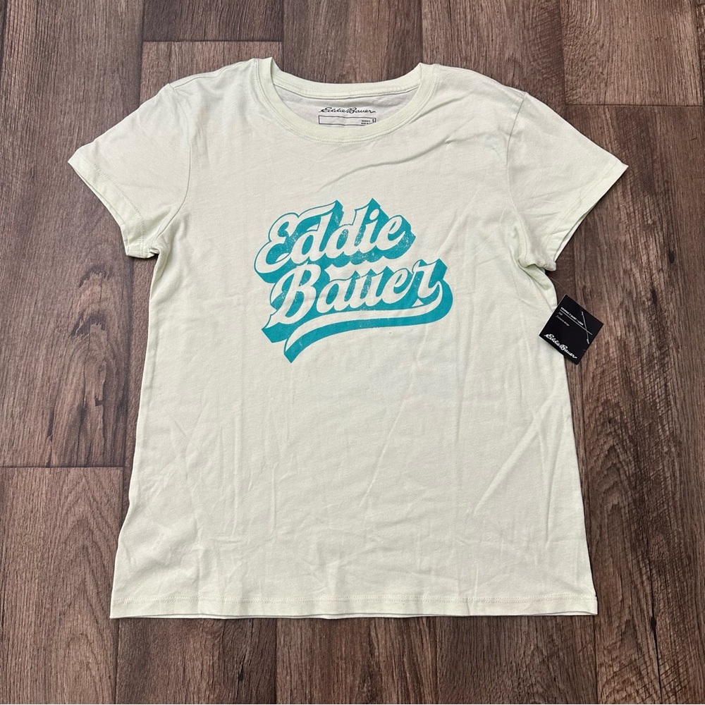 Eddie Bauer Graphic T-Shirt Retro Brand Logo Women’s Size S Seamist Yellowish